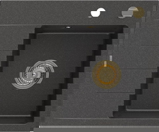 Mexen Ben granitinė vienaaukštė kriauklė su nutekėjimu, dešinė 600 x 500 mm, juoda taškuota, auksinis sifonas