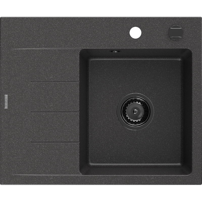 Mexen Ben granitinė vienos kameros plautuvė su nutekėjimu, dešininė 600 x 500 mm, juoda taškuota, juodas sifonas