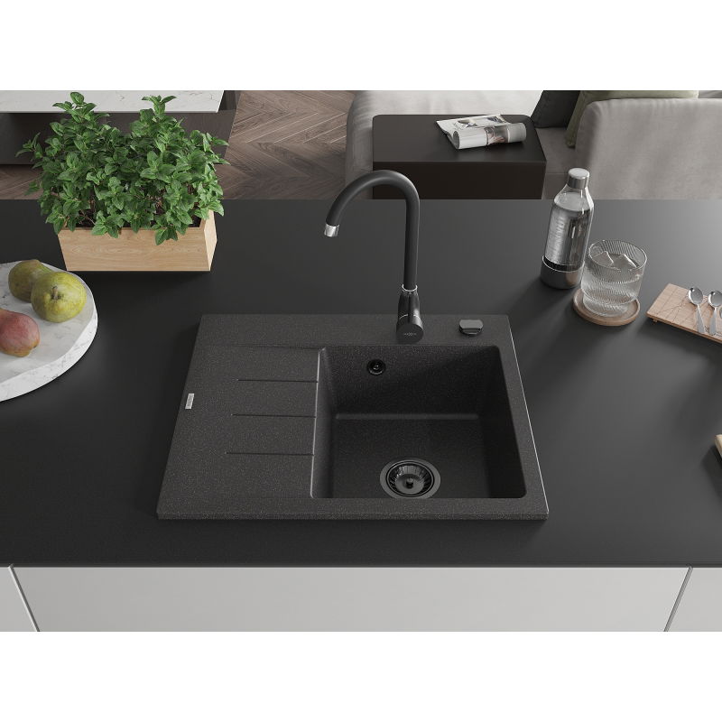 Mexen Ben granitinė vienos kameros plautuvė su nutekėjimu, dešininė 600 x 500 mm, juoda taškuota, juodas sifonas