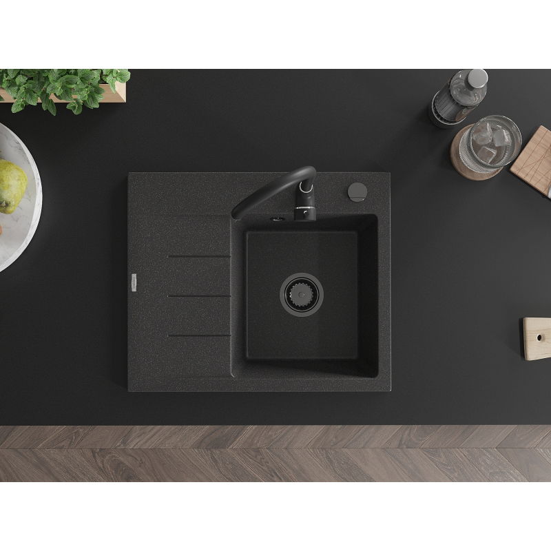 Mexen Ben granitinė vienos kameros plautuvė su nutekėjimu, dešininė 600 x 500 mm, juoda taškuota, juodas sifonas
