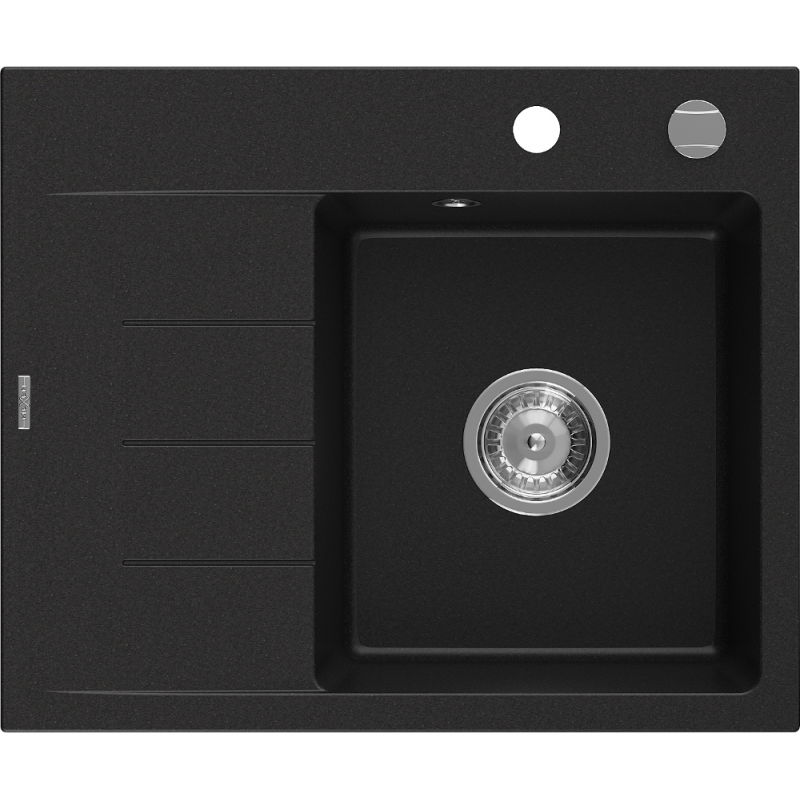 Mexen Ben granitinė vienos kameros plautuvė su nutekėjimu, dešinė 600 x 500 mm, juoda, chromuotos sifonas - 6523605000-77