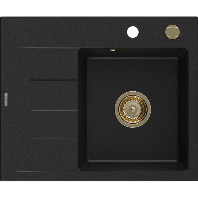 Mexen Ben vienos kameros granitinė kriauklė su nutekėjimu, dešinė 600 x 500 mm, juoda, auksinis sifonas - 6523605000-77-G