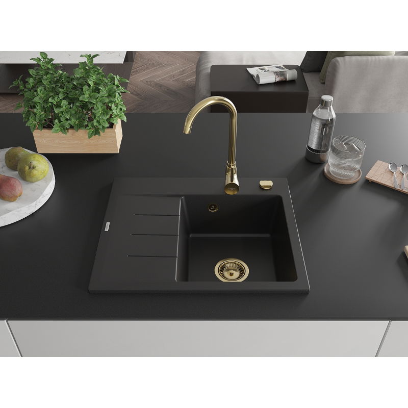 Mexen Ben vienos kameros granitinė kriauklė su nutekėjimu, dešinė 600 x 500 mm, juoda, auksinis sifonas - 6523605000-77-G