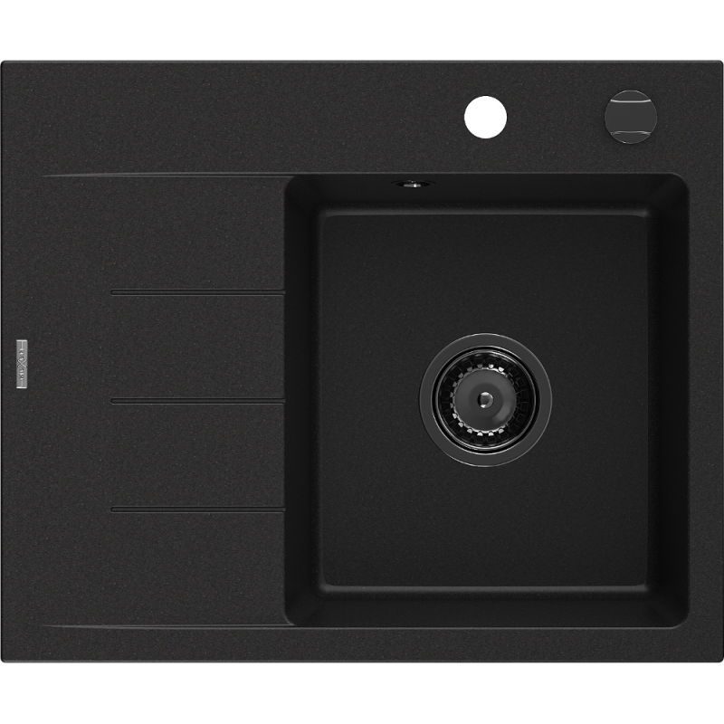 Mexen Ben 1 skyrelio granito plautuvė su nuvarvėjimo zona, dešinė, 600 x 500 mm, juoda, juodas sifonas - 6523605000-77-B
