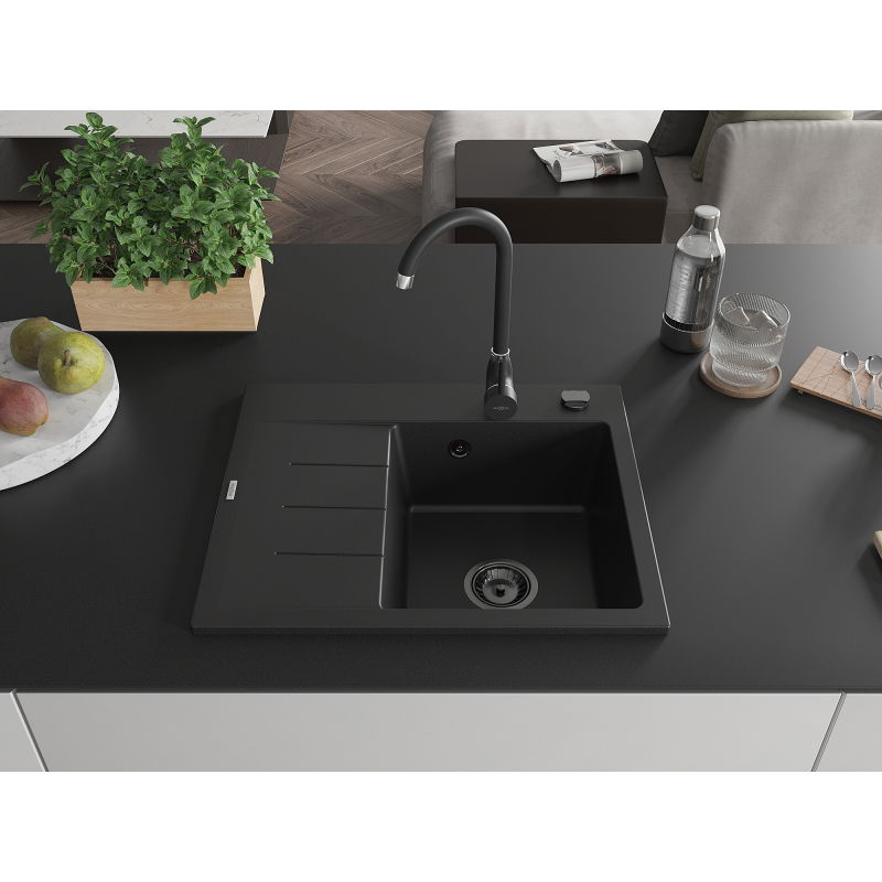 Mexen Ben 1 skyrelio granito plautuvė su nuvarvėjimo zona, dešinė, 600 x 500 mm, juoda, juodas sifonas - 6523605000-77-B