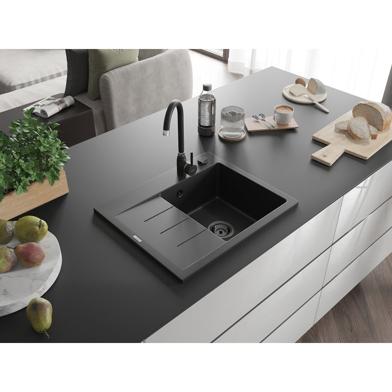 Mexen Ben 1 skyrelio granito plautuvė su nuvarvėjimo zona, dešinė, 600 x 500 mm, juoda, juodas sifonas - 6523605000-77-B