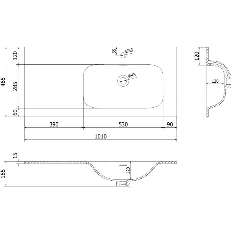Mexen Vela įmontuojamas stalviršiuje praustuvas dešinysis 101 x 46,5 cm, balta matinė - 25231001P