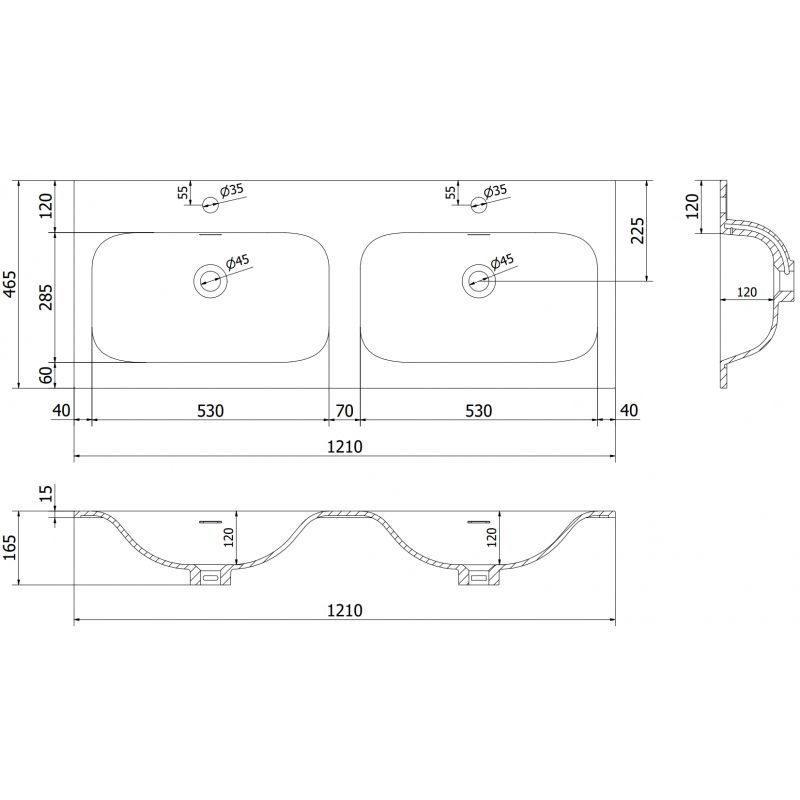 Mexen Vela įleidžiamas dvigubas praustuvas 121 x 46,5 cm, juodas matinis - 25231271D
