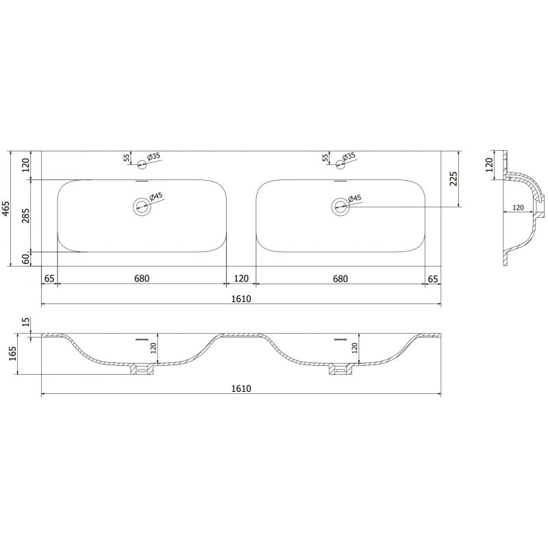 Mexen Vela dviguba įleidžiama į stalviršį kriauklė 161 x 46,5 cm, balta matinė - 25231601D