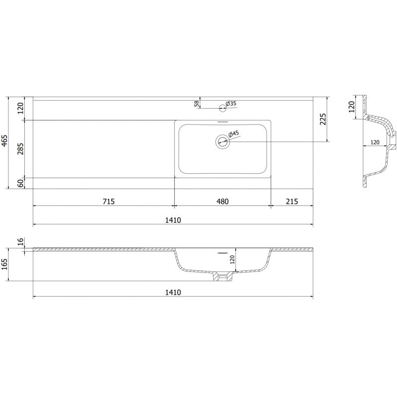 Mexen Otis praustuvė įleidžiama į stalviršį dešinė 141 x 46,5 cm, balta matinė - 25181401P