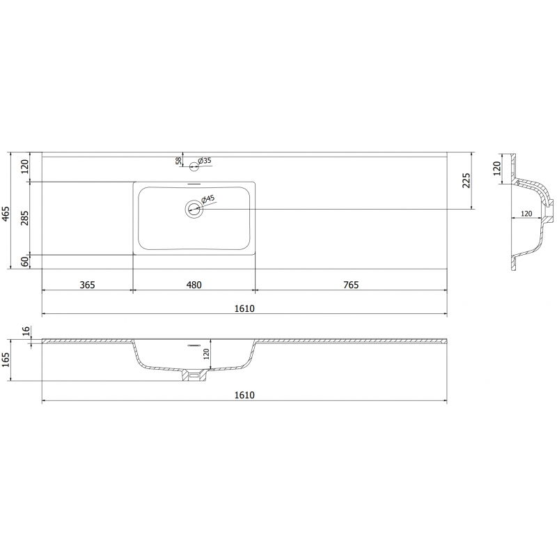 Mexen Otis įleidžiamas praustuvas į stalviršį kairysis 161 x 46,5 cm, baltas matinis - 25181601L