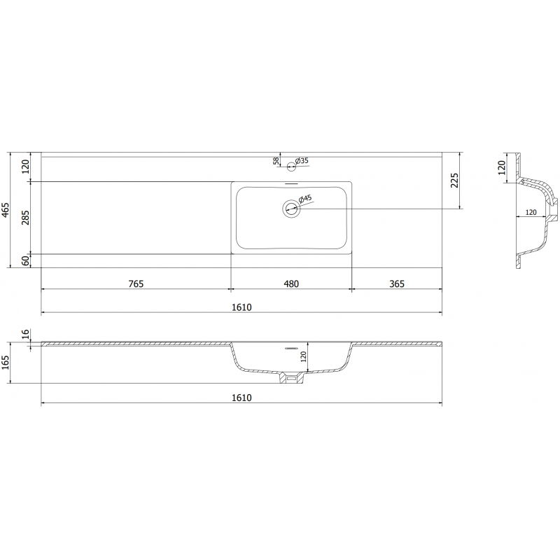 Mexen Otis įleidžiama į stalviršį kriauklė, dešinė 161 x 46,5 cm, balta blizgi - 25181600P