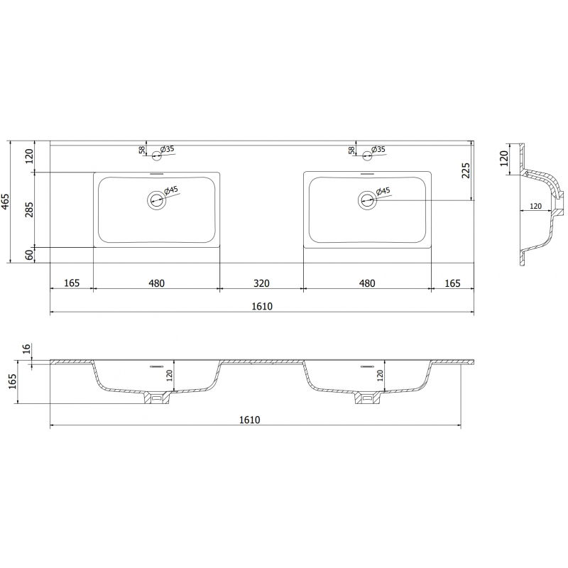 Mexen Otis dvigubas į stalviršį įleidžiamas praustuvas 161 x 46,5 cm, juodas matinis - 25181671D