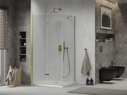 Mexen Lima sulankstoma dušo kabina 70 x 80 cm, Skaidrus, Auksinė + dušo padėklas Flat - 856-070-080-50-00-4010