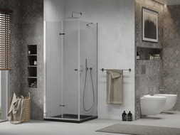 Mexen Lima sulankstoma dušo kabina 90 x 90 cm, skaidri, chromuota + Flat padėklas, juodas - 856-090-090-01-00-4070