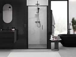 Mexen Exo-F sulankstomos dušo durys 65 cm, skaidrios, juodos - 816-065-000-70-00