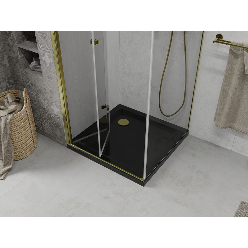 Mexen Lima sulankstoma dušo kabina 80 x 80 cm, skaidrus, auksinė + Flat padėklas, juodas - 856-080-080-50-00-4070G