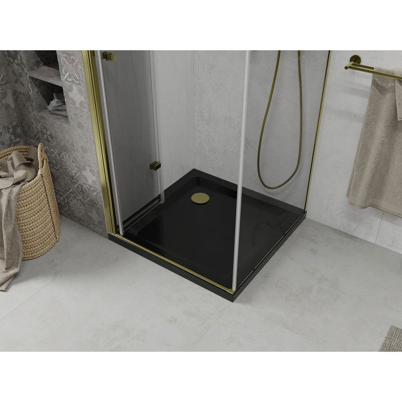 Mexen Lima sulankstoma dušo kabina 80 x 80 cm, skaidri, auksinė + Flat padėklas, juodas - 856-080-080-50-00-4070G