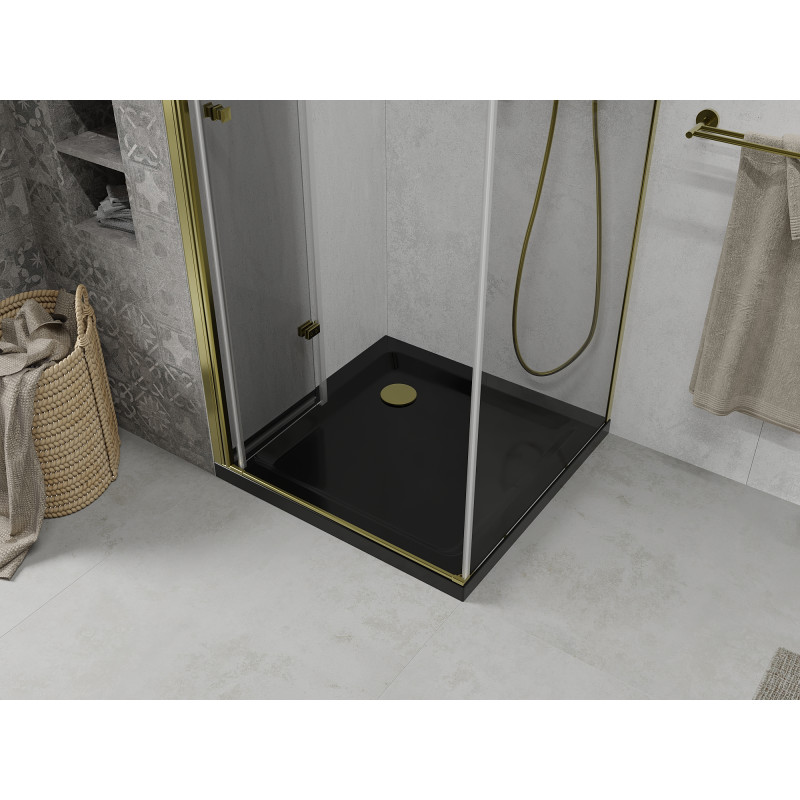 Mexen Lima sulankstoma dušo kabina 90 x 90 cm, permatoma, auksinė + Flat padėklas, juodas - 856-090-090-50-00-4070G