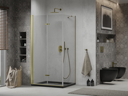 Mexen Lima sulankstoma dušo kabina 100 x 80 cm, skaidri, auksinė + dušo padėklas Flat, juodas - 856-100-080-50-00-4070G