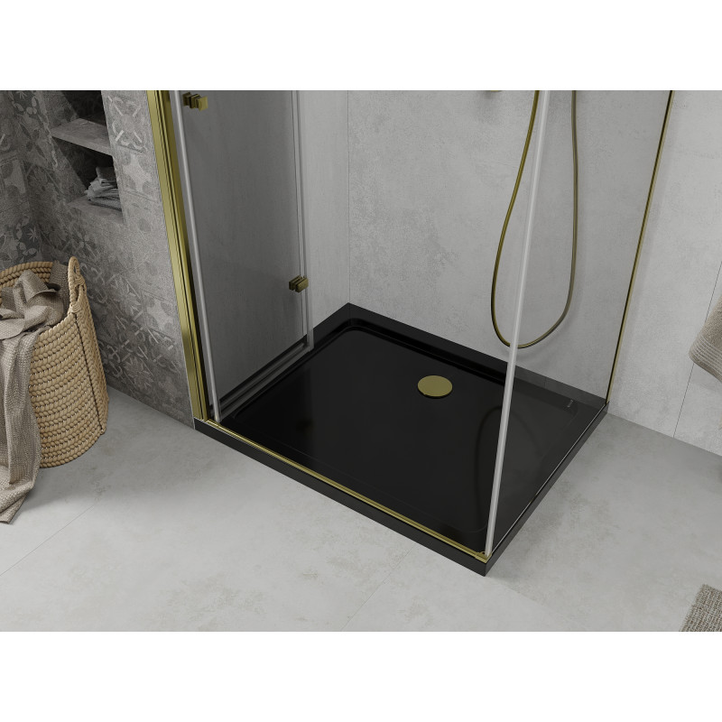 Mexen Lima sulankstoma dušo kabina 100 x 80 cm, skaidri, auksinė + Flat juoda dušo padėklas - 856-100-080-50-00-4070G