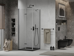 Mexen Lima sulankstoma dušo kabina 90 x 90 cm, Skaidrus, Juoda + dušo padėklas Flat, Juoda - 856-090-090-70-00-4070B