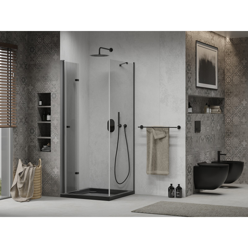 Mexen Lima sulankstoma dušo kabina 90 x 90 cm, skaidrus, juoda + plokščias padėklas, juodas - 856-090-090-70-00-4070B
