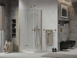 Mexen Lima Duo sulankstoma dušo kabina 90 x 90 cm, skaidri, auksinė + Flat padėklas - 856-090-090-50-02-4010G