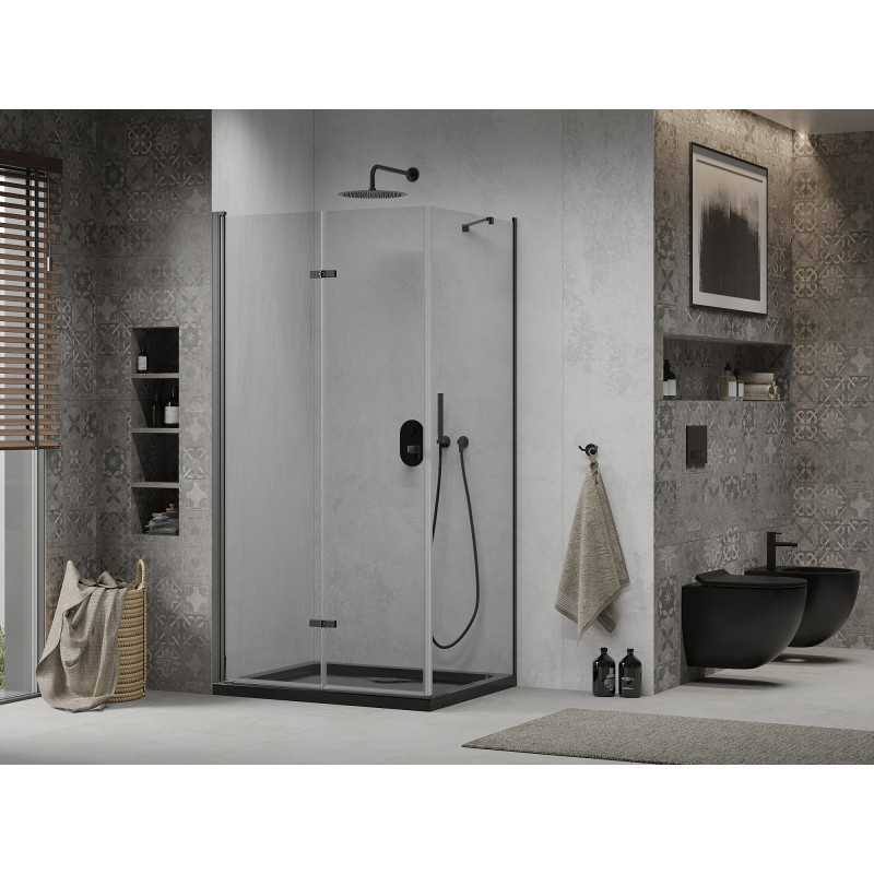 Mexen Lima Sulankstoma dušo kabina 100 x 80 cm, skaidri, juoda + dušo padėklas Flat, juodas - 856-100-080-70-00-4070B