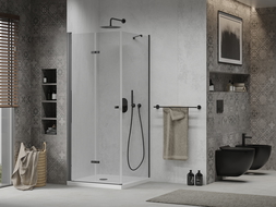 Mexen Lima sulankstoma dušo kabina 80 x 80 cm, permatoma, juoda + Flat padėklas, baltas - 856-080-080-70-00-4010B