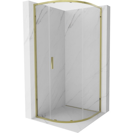 Mexen Exo-S pusapvalė stumdomųjų durų dušo kabina 90 x 90 cm, skaidri, auksinė - 8131-090-090-50-00