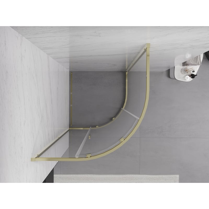 Mexen Exo pusapvalė dušo kabina stumdomomis durimis 100 x 100 cm, skaidri, auksinė - 8131-100-100-50-00