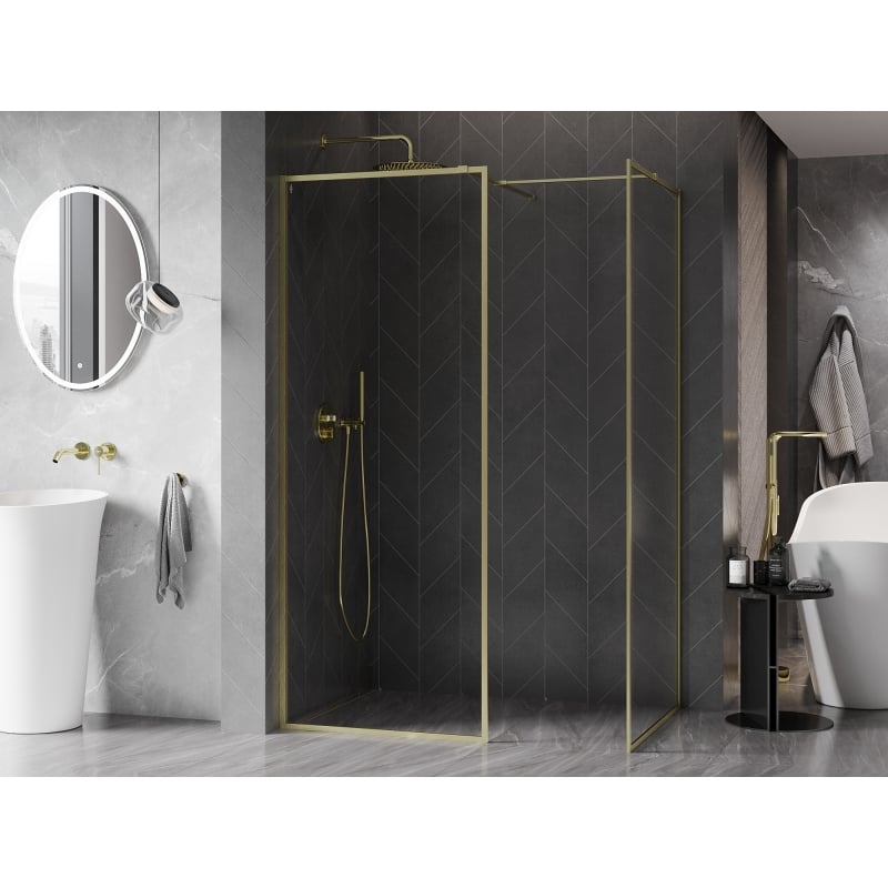 Mexen Kioto-F Dušo siena Walk-in su rėmu 160 x 85 cm, permatoma 8 mm, šlifuotas auksas - 800-160-202-04-55-085