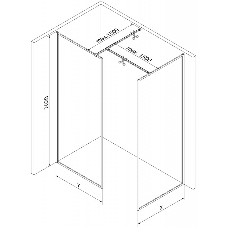 Mexen Kioto-F Dušo sienelė Walk-in su rėmeliu 130 x 120 cm, permatoma 8 mm, šlifuotas nikelis - 800-130-202-04-97-120