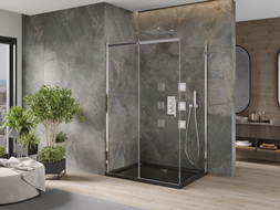 Mexen Omega stumdoma dušo kabina 100 x 80 cm, Skaidrus, Chromo + dušo padėklas Flat, Juoda - 825-100-080-01-00-4070