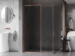 Mexen Kioto-F dušo sienelė Walk-in su rėmu 155 x 120 cm, skaidrus 8 mm, šepečiu valcuotas varis - 800-155-202-04-65-120