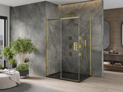 Mexen Omega stumdoma dušo kabina 100 x 90 cm, Skaidrus, Auksinė + dušo padėklas Flat, Juoda - 825-100-090-50-00-4070G