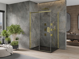 Mexen Omega stumdoma dušo kabina 120 x 80 cm, Skaidrus, Auksinė + dušo padėklas Flat, Juoda - 825-120-080-50-00-4070G