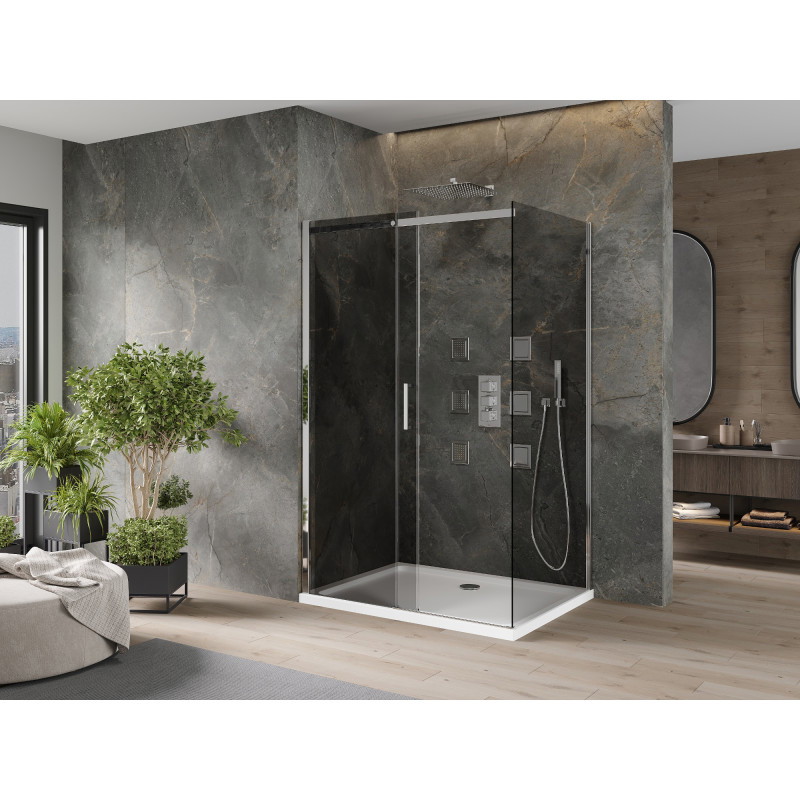 Mexen Omega stiklinė dušo kabina stumdoma 100 x 70 cm, grafitas, chromas + plokštė Flat, balta - 825-100-070-01-40-4010