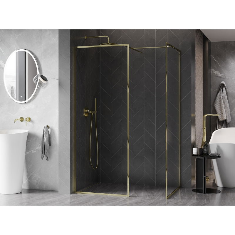 Mexen Kioto-XF dušo pertvara Walk-in su rėmu 150 x 90 cm, skaidrus 10 mm, auksinė - 800-150-202-04-50-090-XF