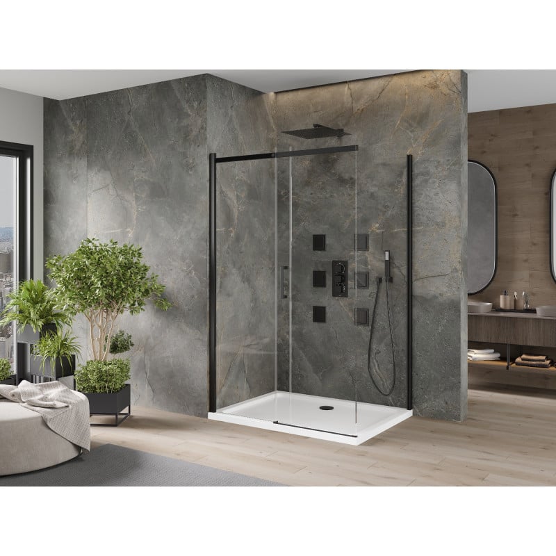 Mexen Omega stumdoma dušo kabina 130 x 100 cm, skaidri, juoda + Flat dušo padėklas, baltas - 825-130-100-70-00-4010B