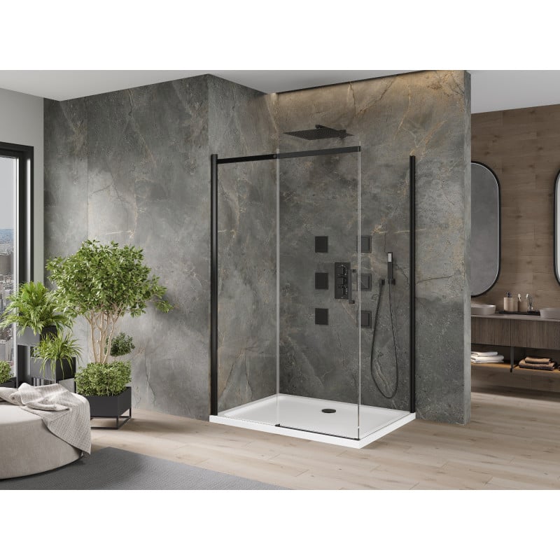 Mexen Omega stumdoma dušo kabina 130 x 100 cm, skaidri, juoda + Flat dušo padėklas, baltas - 825-130-100-70-00-4010B