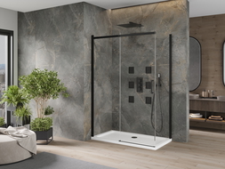Mexen Omega stumdoma dušo kabina 140 x 80 cm, Skaidrus, Juoda + dušo padėklas Flat, Balta - 825-140-080-70-00-4010B