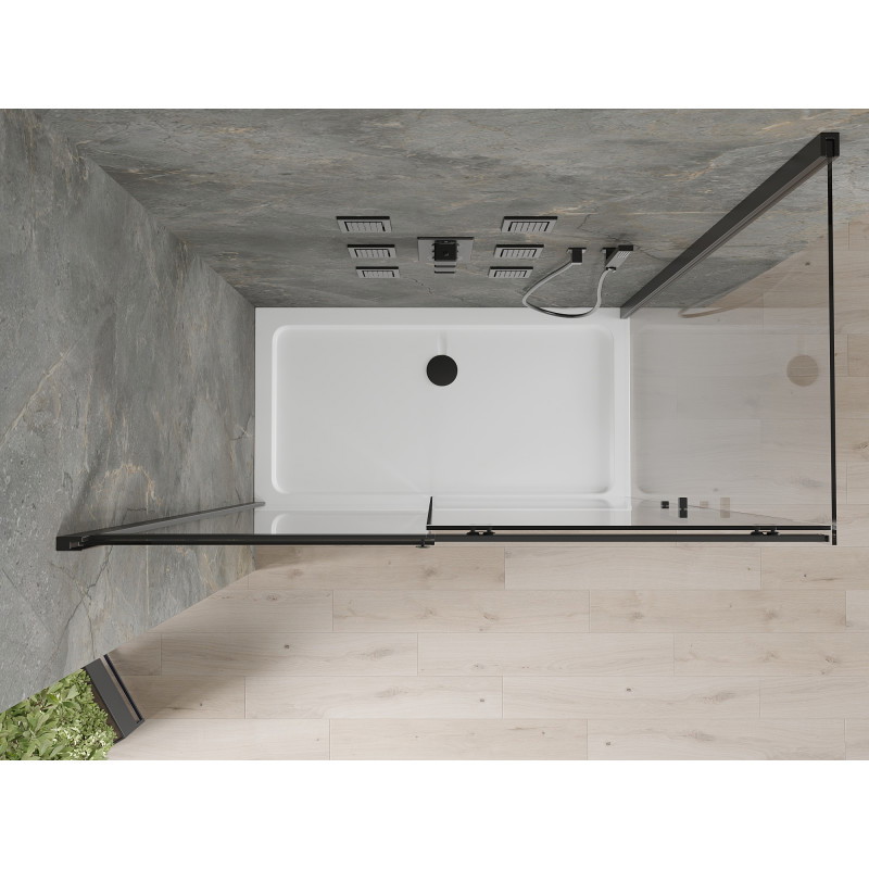 Mexen Omega 140 x 80 cm ištraukiama dušo kabina, skaidri, juoda + plokščias padėklas, baltas - 825-140-080-70-00-4010B