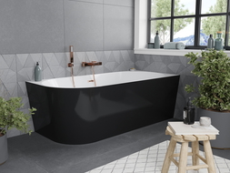 Mexen Mia laisvai stovinti, kampinė dešinė vonia 160 x 80 cm, balta/juoda, šlifuotas vario perpylimas - 52691608075P-65