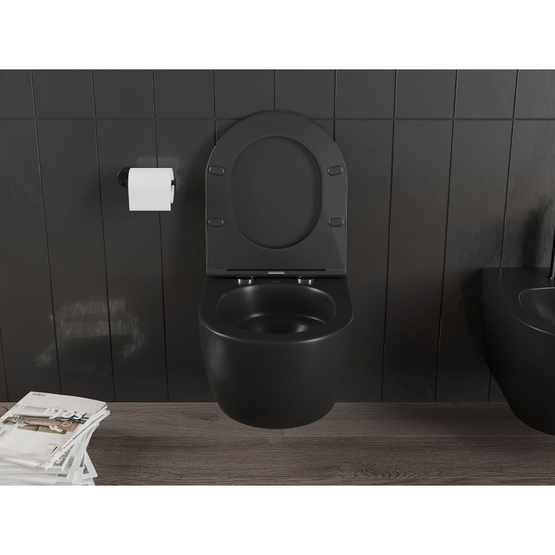 Mexen Carmen WC puoduke Rimless Tornado su lėtai nusileidžiančiu slim dangčiu, duroplast, juodas matinis - 30881085T