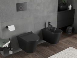 Mexen Rico pakabinamas klozetas Rimless Tornado su lėtai nusileidžiančiu dangčiu slim iš duroplasto, juodas matinis - 30720185T