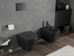 Mexen Rico pakabinamas unitazas Rimless Tornado su plona sėdyne, duroplastiku, matinės juodos spalvos - 30721085T