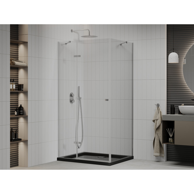 Mexen Roma atveriama dušo kabina 100 x 90 cm, skaidri, chromuota + Flat padėklas, juodas - 854-100-090-01-00-4070