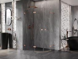 Mexen Lunar pusapvalė dušo kabina su atveriamomis kairinėmis durimis, 90 x 80 cm, skaidri, šlifuota varis